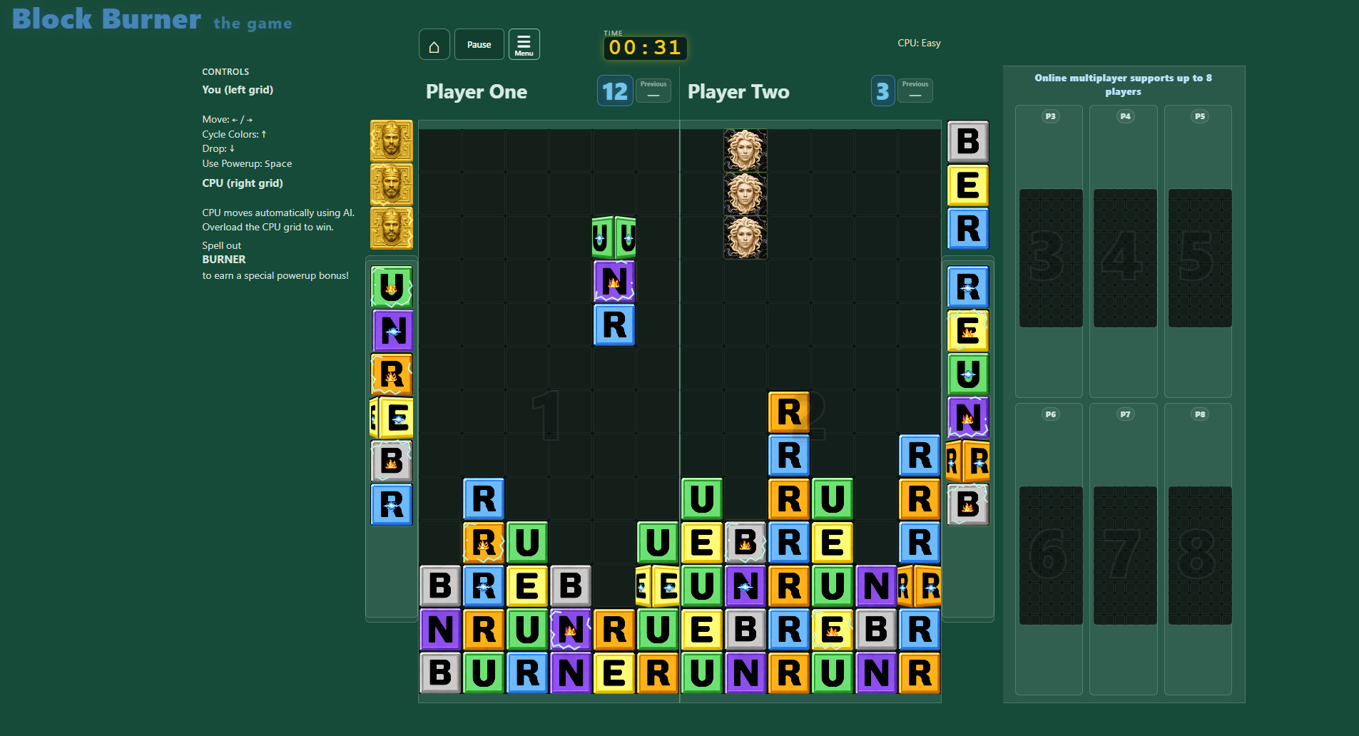 Block Burner gameplay with two player grids, stacked blocks, and powerup inventories